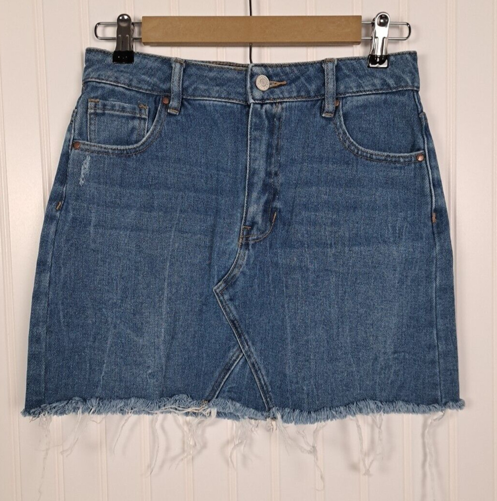 PacSun Dark Blue Jean Mini Skirt Womens S (26) 100% Cotton Denim Frayed Festival